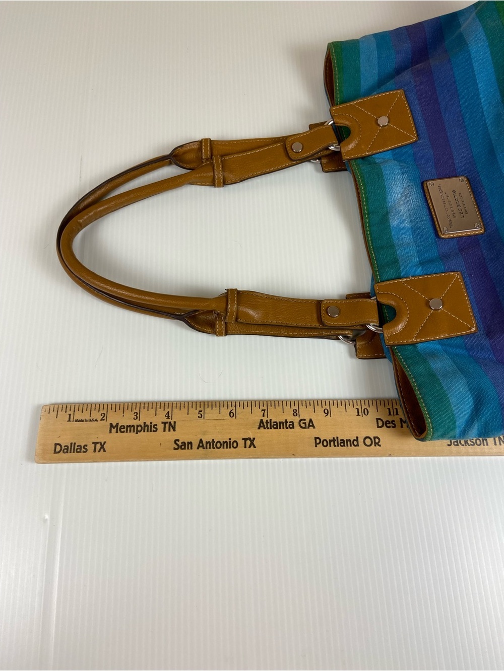 Liz Claiborne Blue Green Striped Canvas Tote Shoulder Bag - Picture 8 of 12